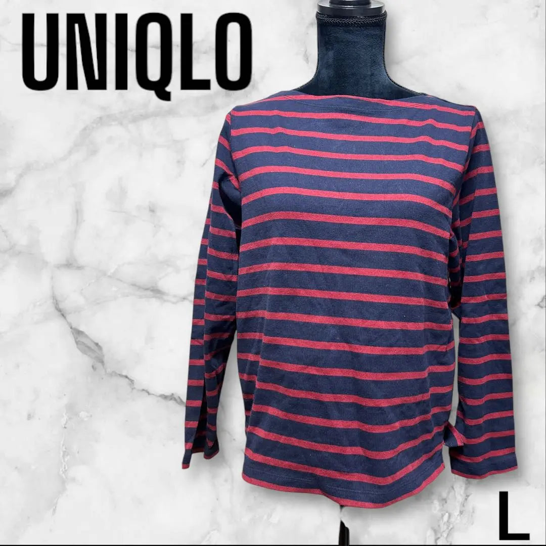 [UNIQLO] Camiseta de manga larga con estampado de borde azul marino y rojo L