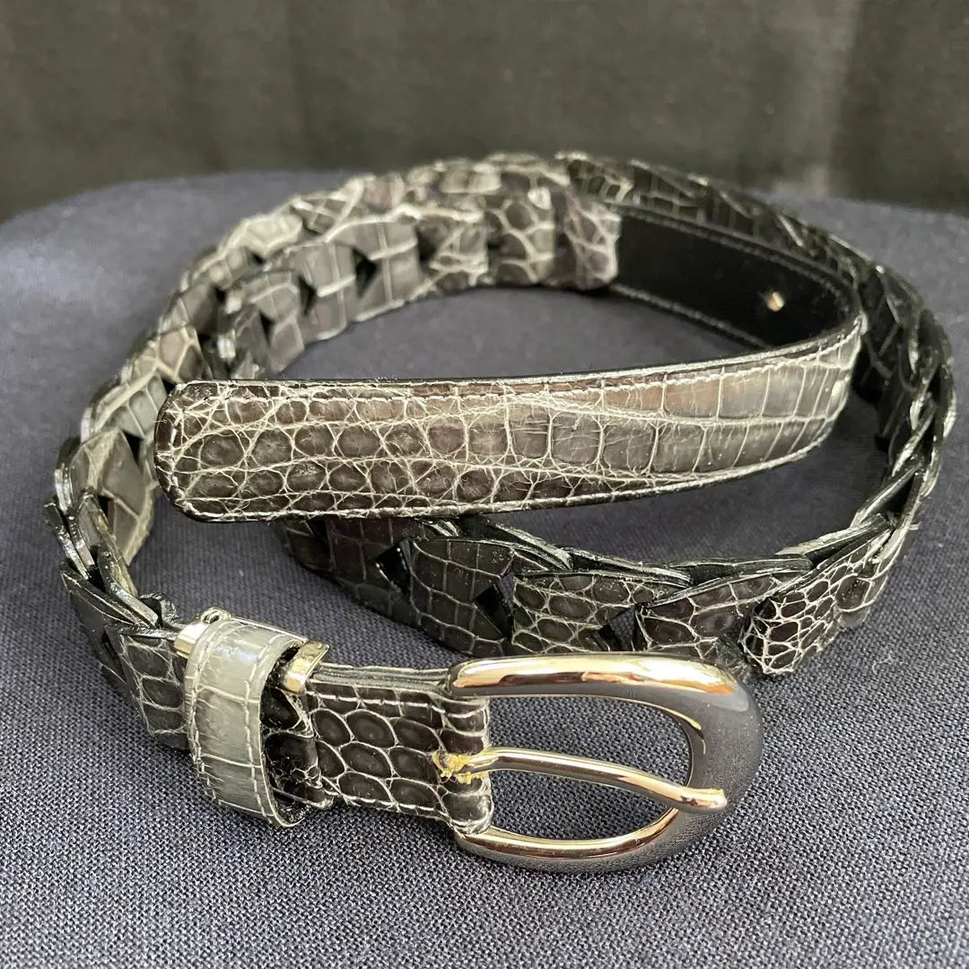 Crocodile, Shining Leather Belt, Chain Knitted, Dark Gray