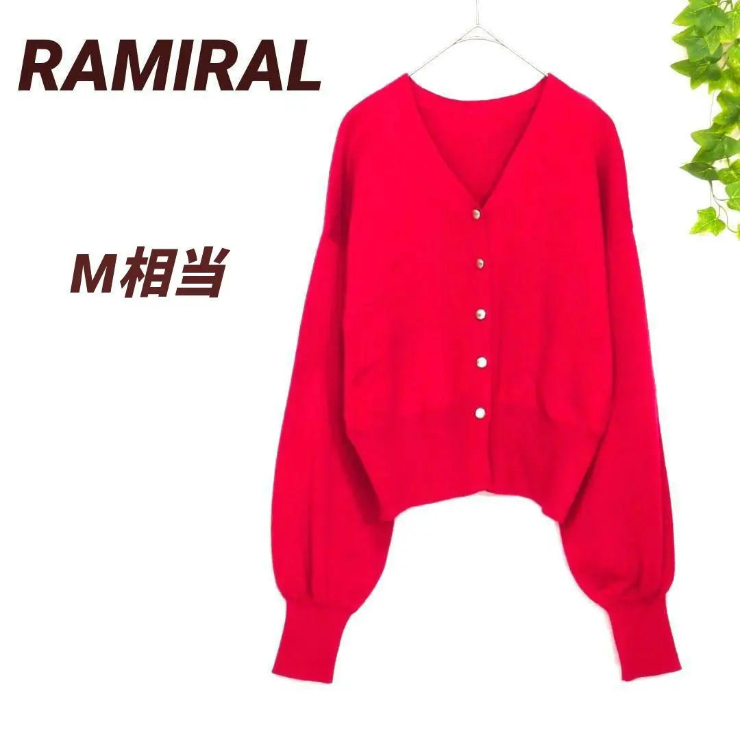 Lamiral Gold Button Cardigan Wool Blend V-neck Balloon Sleeve Red