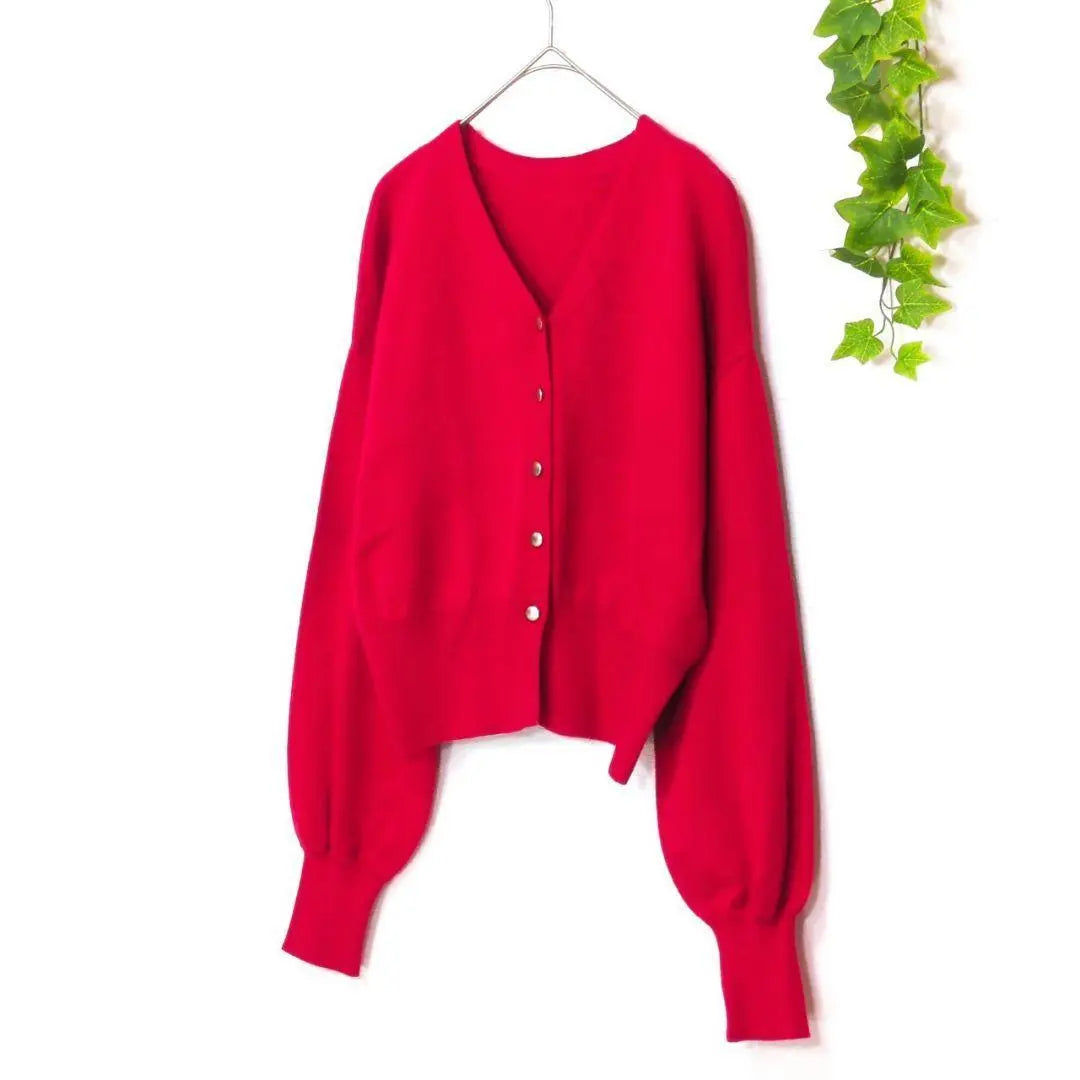 Lamiral Gold Button Cardigan Wool Blend V-neck Balloon Sleeve Red