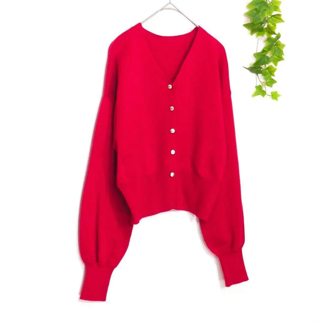 Lamiral Gold Button Cardigan Wool Blend V-neck Balloon Sleeve Red