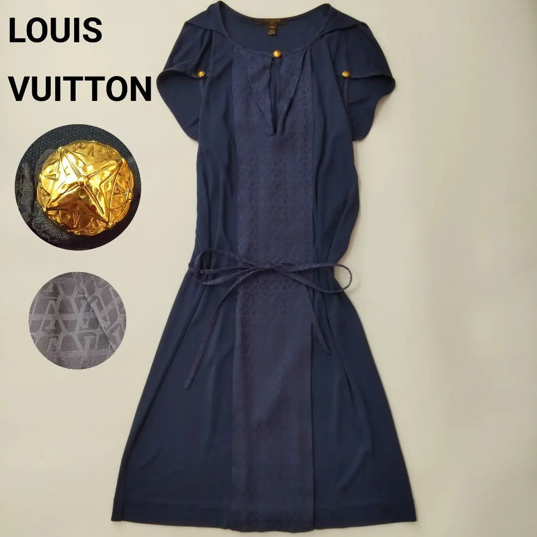 Good condition Louis Vuitton Monogram Gold Button Belt Dress Navy 38 | 良品 ルイヴィトン モノグラム 金ボタン ベルト付き ワンピース ネイビー 38