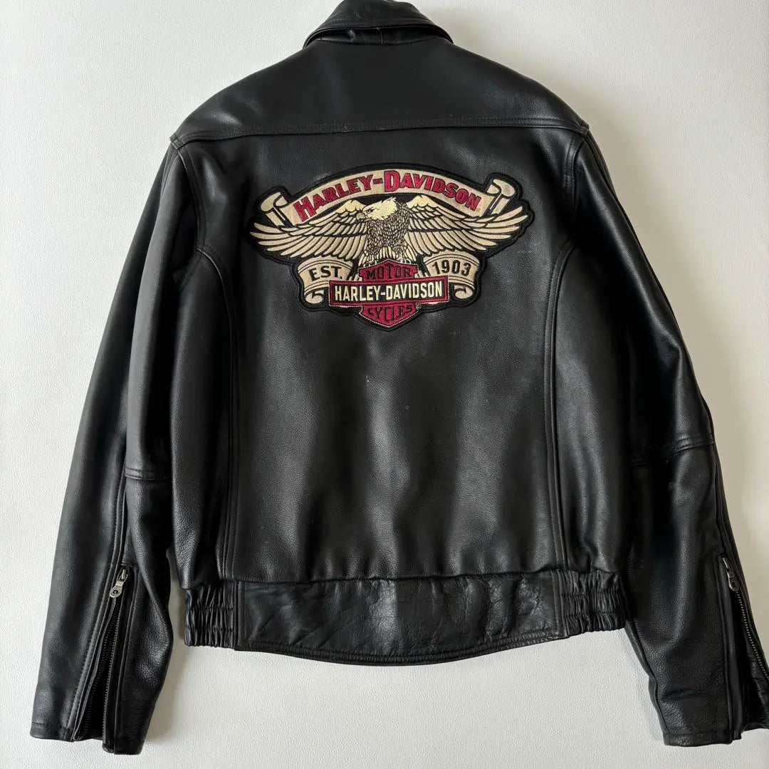 [Super Rare/Embroidered Logo] Harley Davidson Riders Motorcycle Wear L Genuine Leather Black