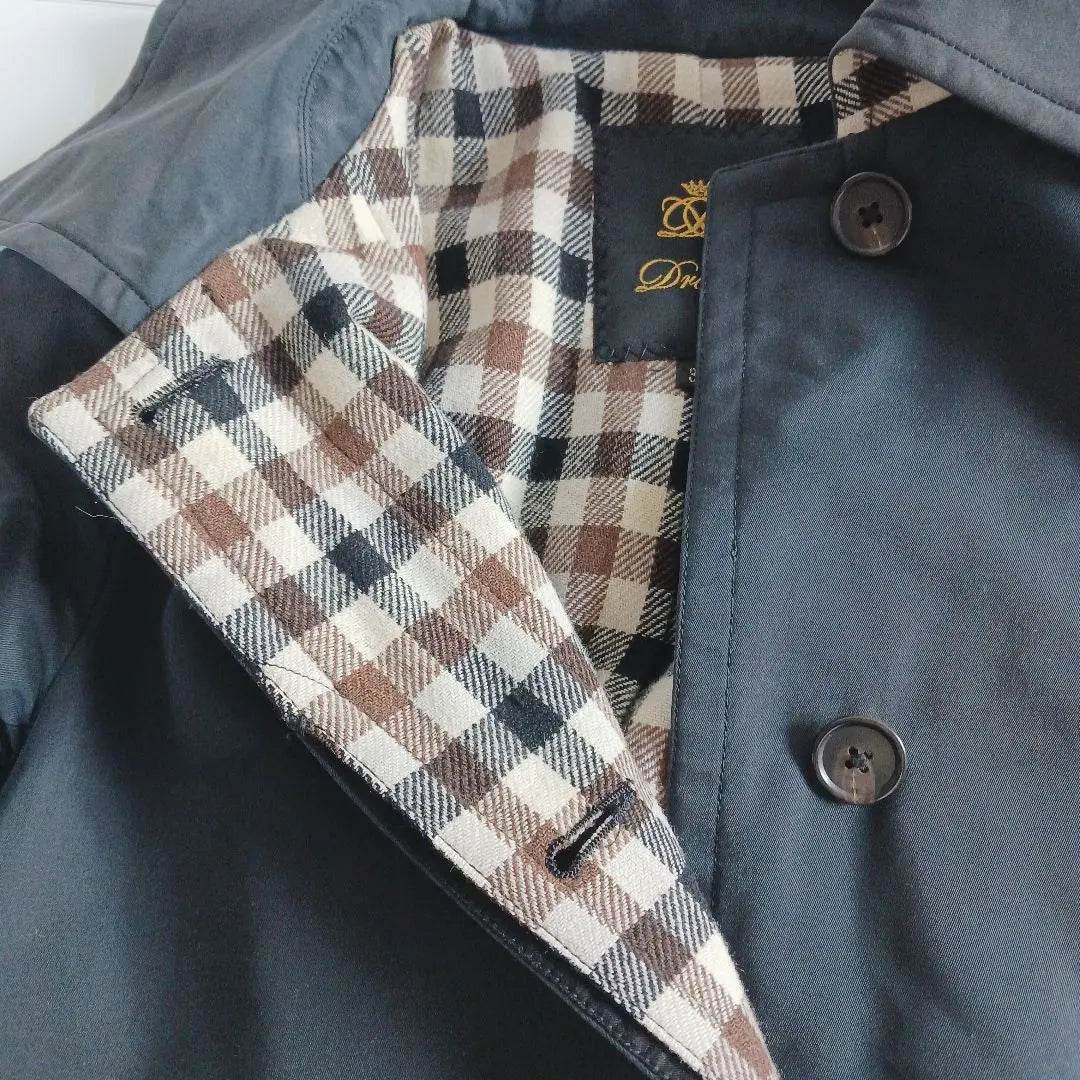 [Drawer] Stainless steel collar coat, Hiyoku style, checked lining, cotton silk material, black