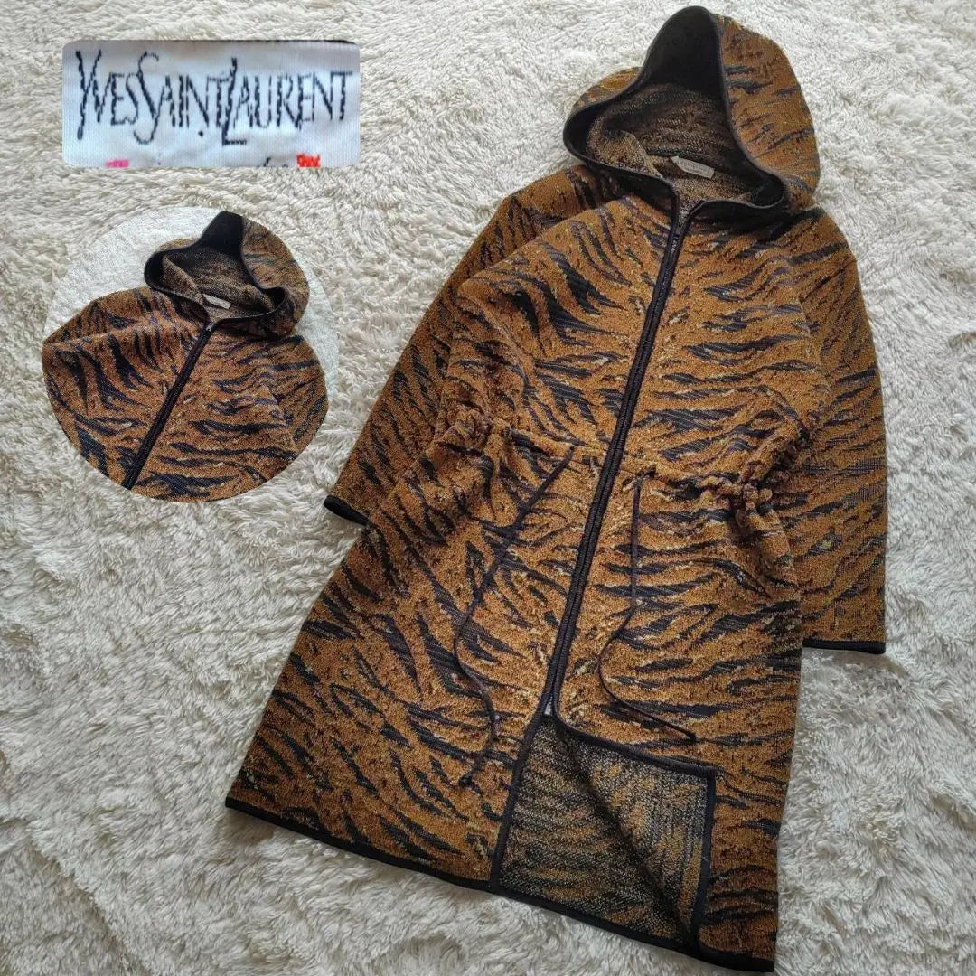 [YSL] Yves Saint Laurent Made in France Tiger Pattern Knit Long Coat | 【YSL】イヴ・サンローラン フランス製 タイガーパターン ニットロングコート