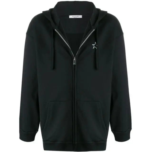 Valentino Black Zippered Hoodie Star Embroidered