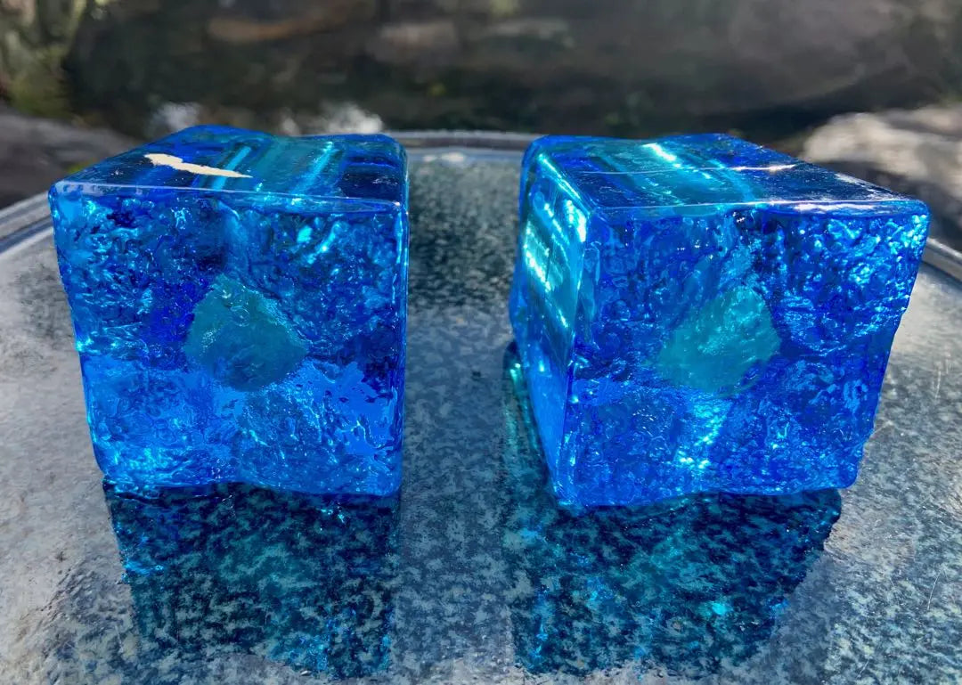 Scandinavian style small crafts, blue ice-like glass, candle holder, two sets