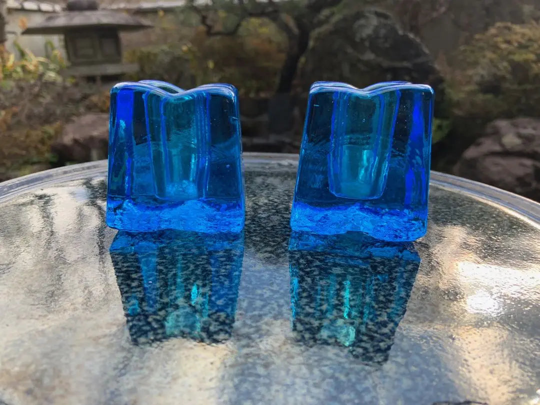 Scandinavian style small crafts, blue ice-like glass, candle holder, two sets