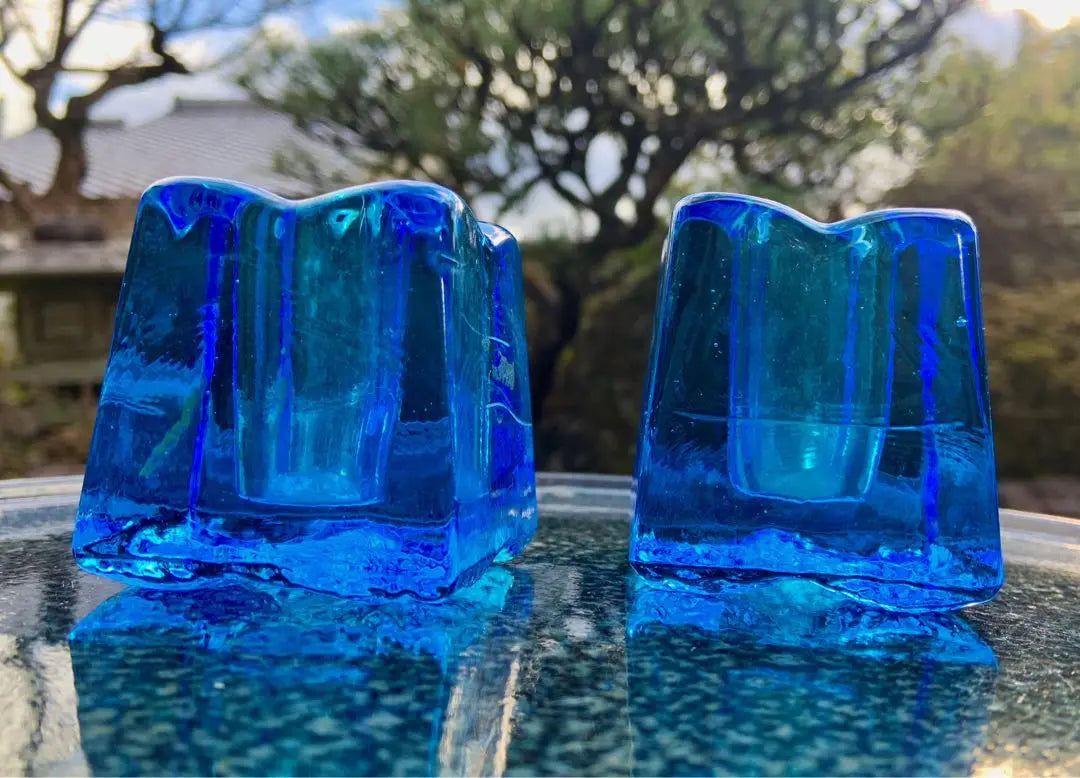 Scandinavian style small crafts, blue ice-like glass, candle holder, two sets