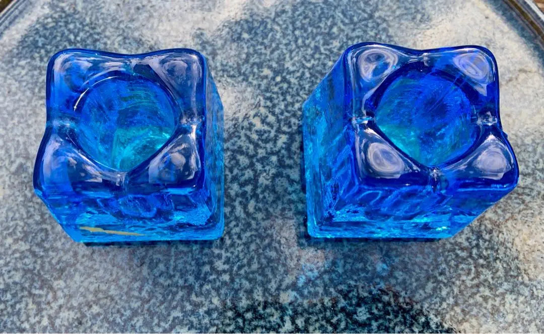 Scandinavian style small crafts, blue ice-like glass, candle holder, two sets