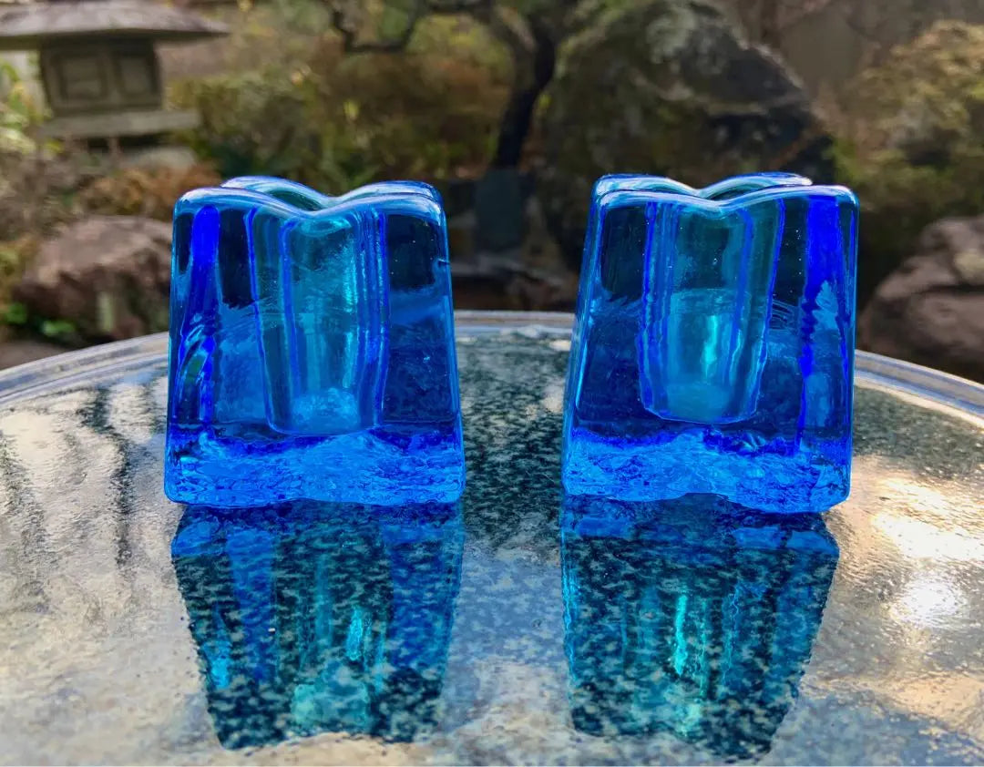 Scandinavian style small crafts, blue ice-like glass, candle holder, two sets