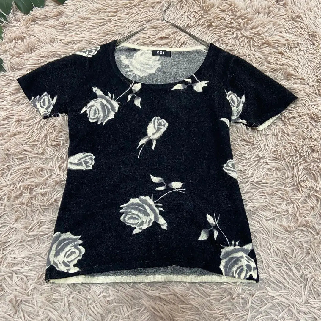 5385❃CSL❃Jersey de punto de manga corta/Estampado floral/Rosa/Fino/Mezcla de angora/Negro/M