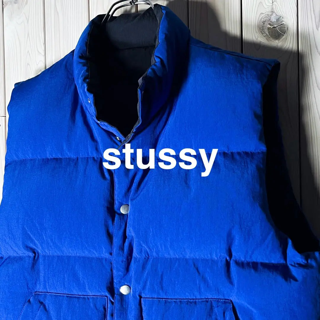 [Extremely beautiful reversible L] Stussy double-sided embroidered logo work gear down vest