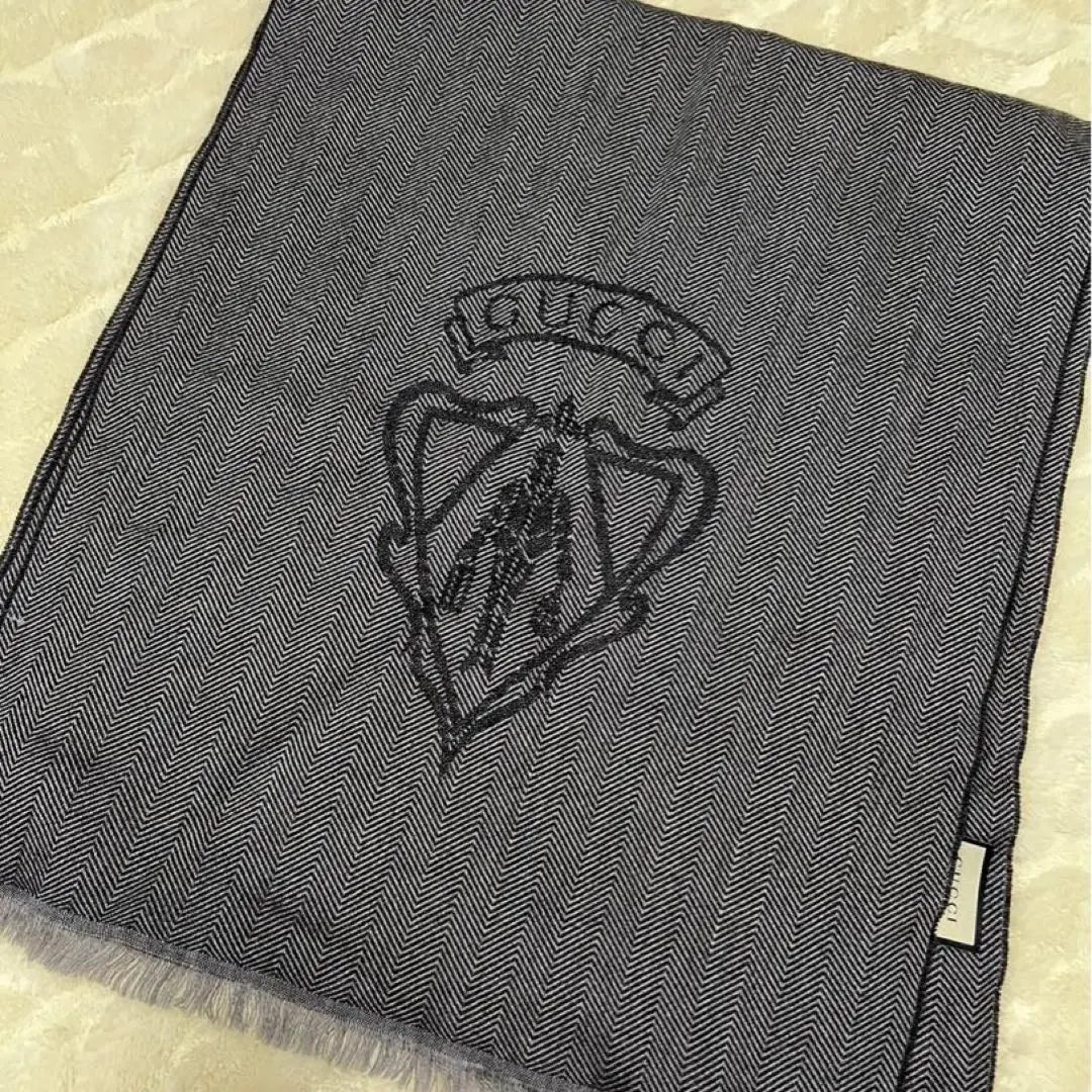 [Rare] Old Gucci Logo Crest Herringbone Muffler Gray