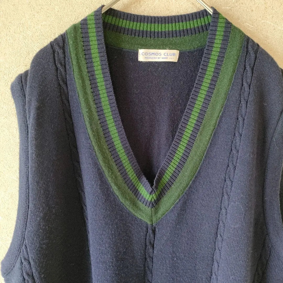 COSMOS CLUB V-neck sweater vest Navy x Green L