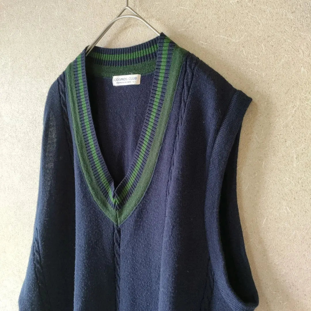 COSMOS CLUB V-neck sweater vest Navy x Green L