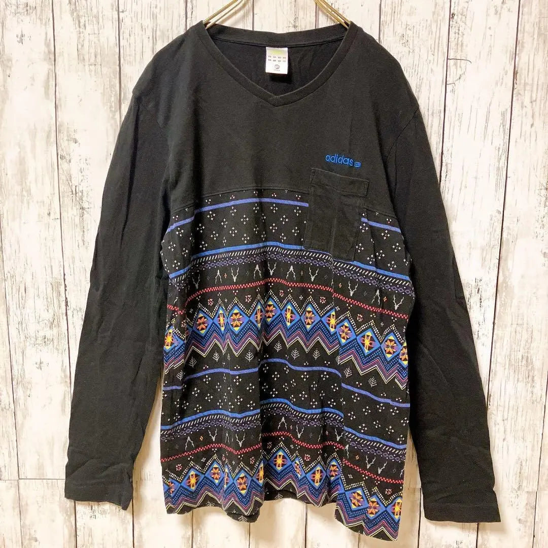 [adidas] T-shirt, long sleeve, L size, all-over pattern, black, logo embroidery