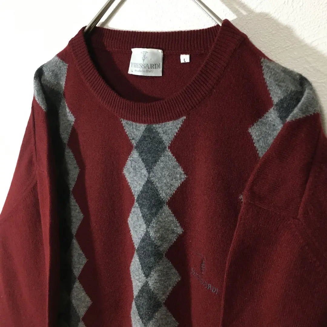 [Used clothing for unique design] Made in Italy, all-over pattern knit, trasaldi, argyle pattern, L