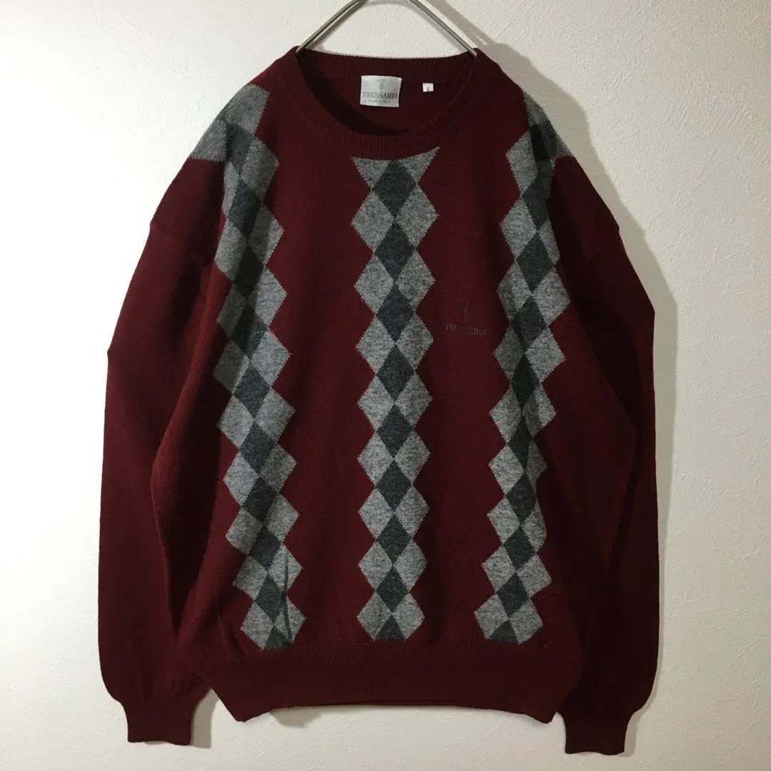 [Used clothing for unique design] Made in Italy, all-over pattern knit, trasaldi, argyle pattern, L