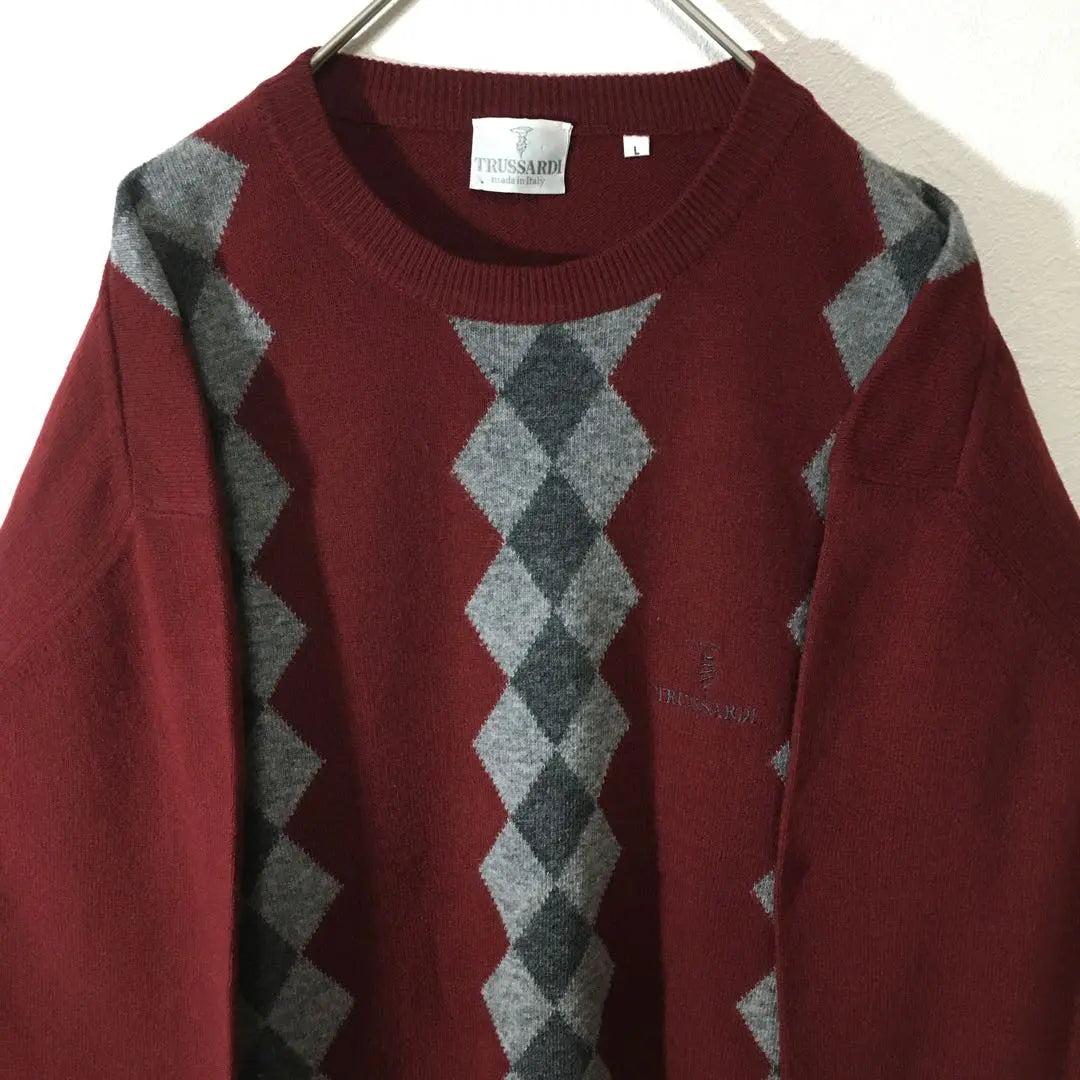 [Used clothing for unique design] Made in Italy, all-over pattern knit, trasaldi, argyle pattern, L