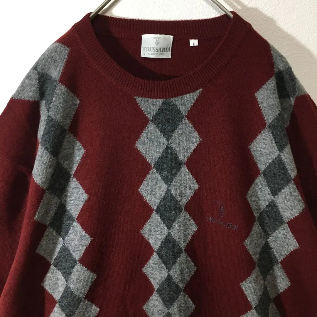 [Used clothing for unique design] Made in Italy, all-over pattern knit, trasaldi, argyle pattern, L