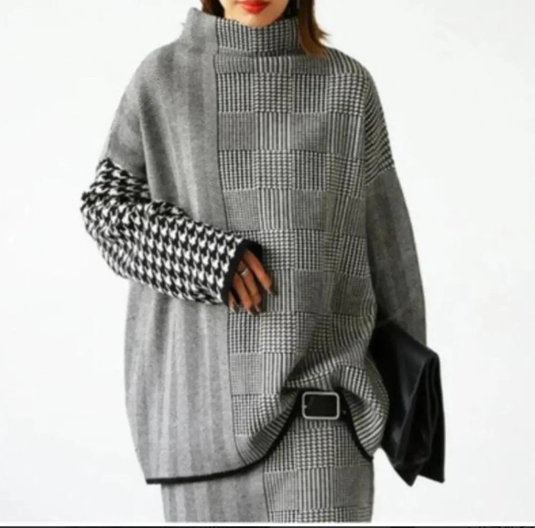 Knit tops for women, houndstooth, high neck, long sleeves, loose, body coverage