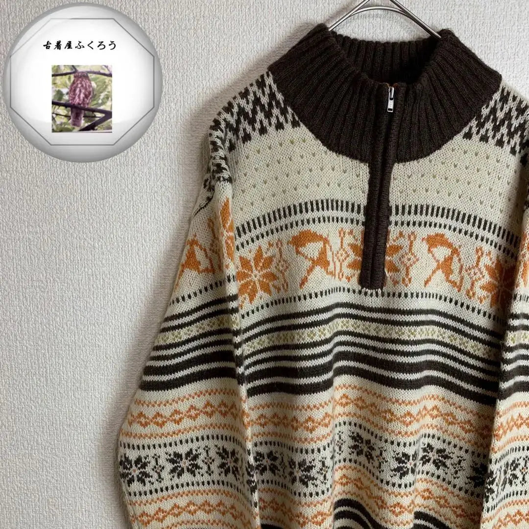 Nordic pattern, long sleeve knit, half zip, mohair blend, white, dark brown, orange, old clothes