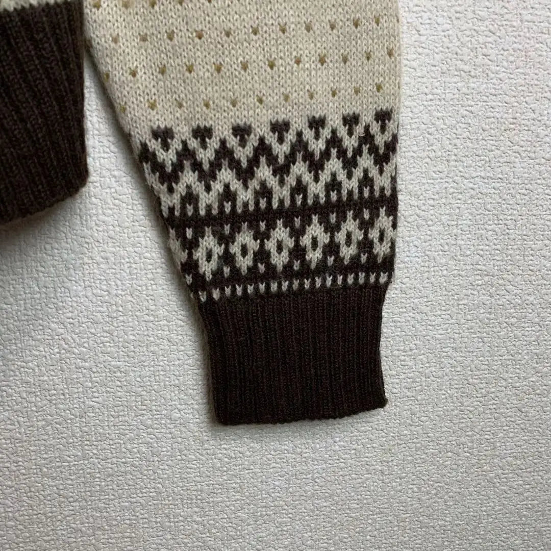 Nordic pattern, long sleeve knit, half zip, mohair blend, white, dark brown, orange, old clothes