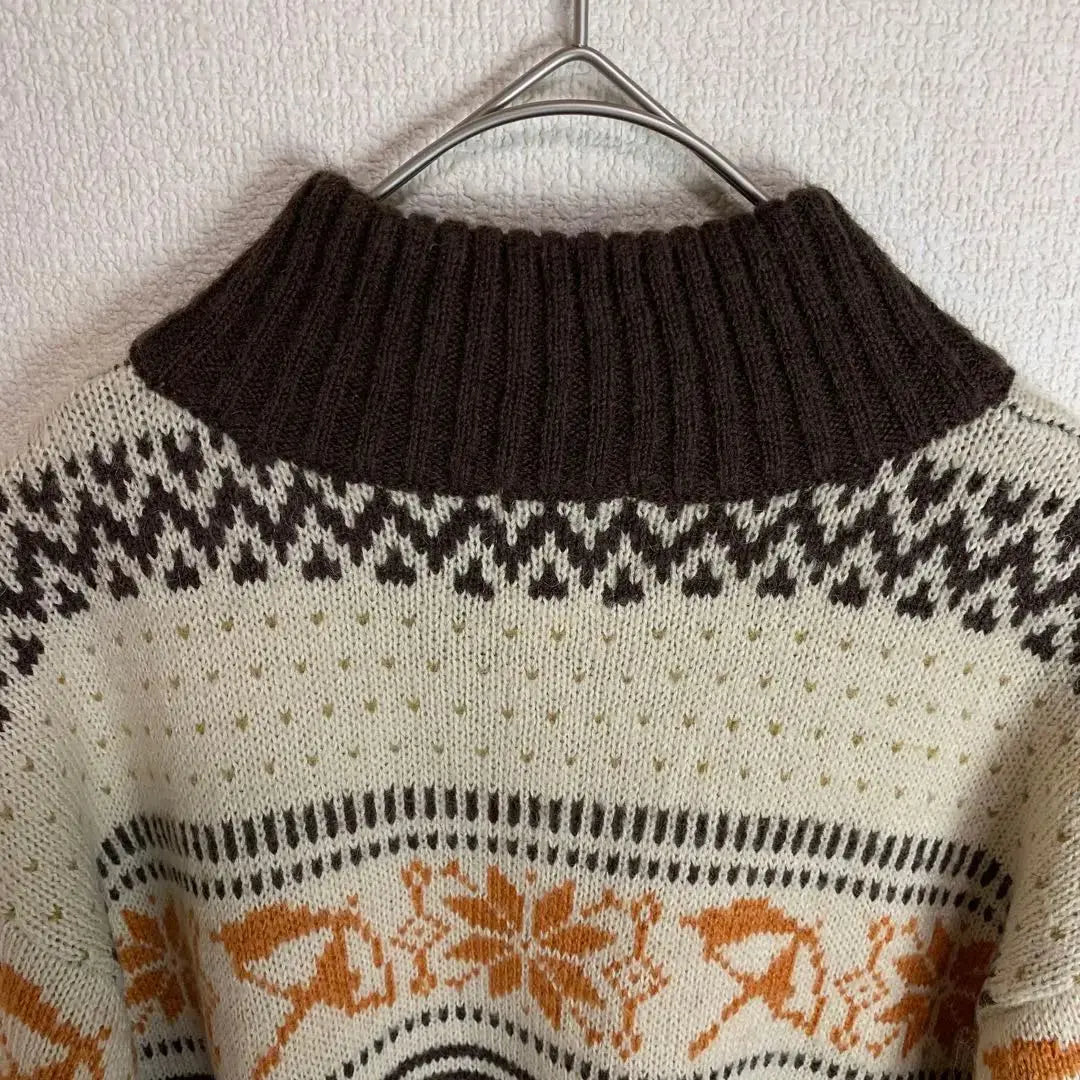 Nordic pattern, long sleeve knit, half zip, mohair blend, white, dark brown, orange, old clothes