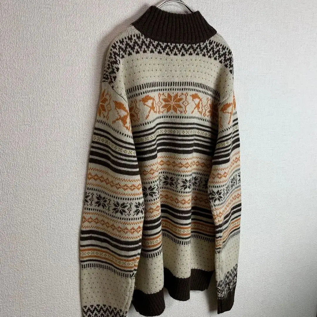 Nordic pattern, long sleeve knit, half zip, mohair blend, white, dark brown, orange, old clothes