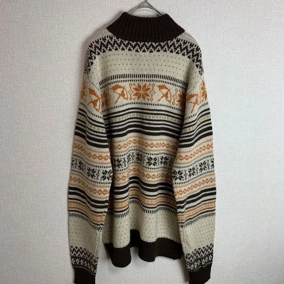 Nordic pattern, long sleeve knit, half zip, mohair blend, white, dark brown, orange, old clothes