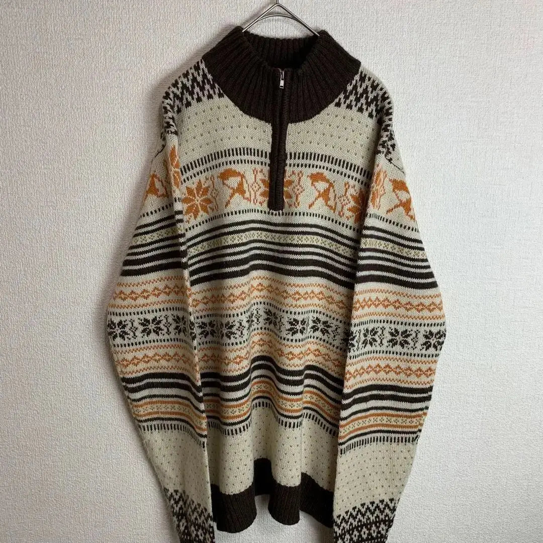 Nordic pattern, long sleeve knit, half zip, mohair blend, white, dark brown, orange, old clothes