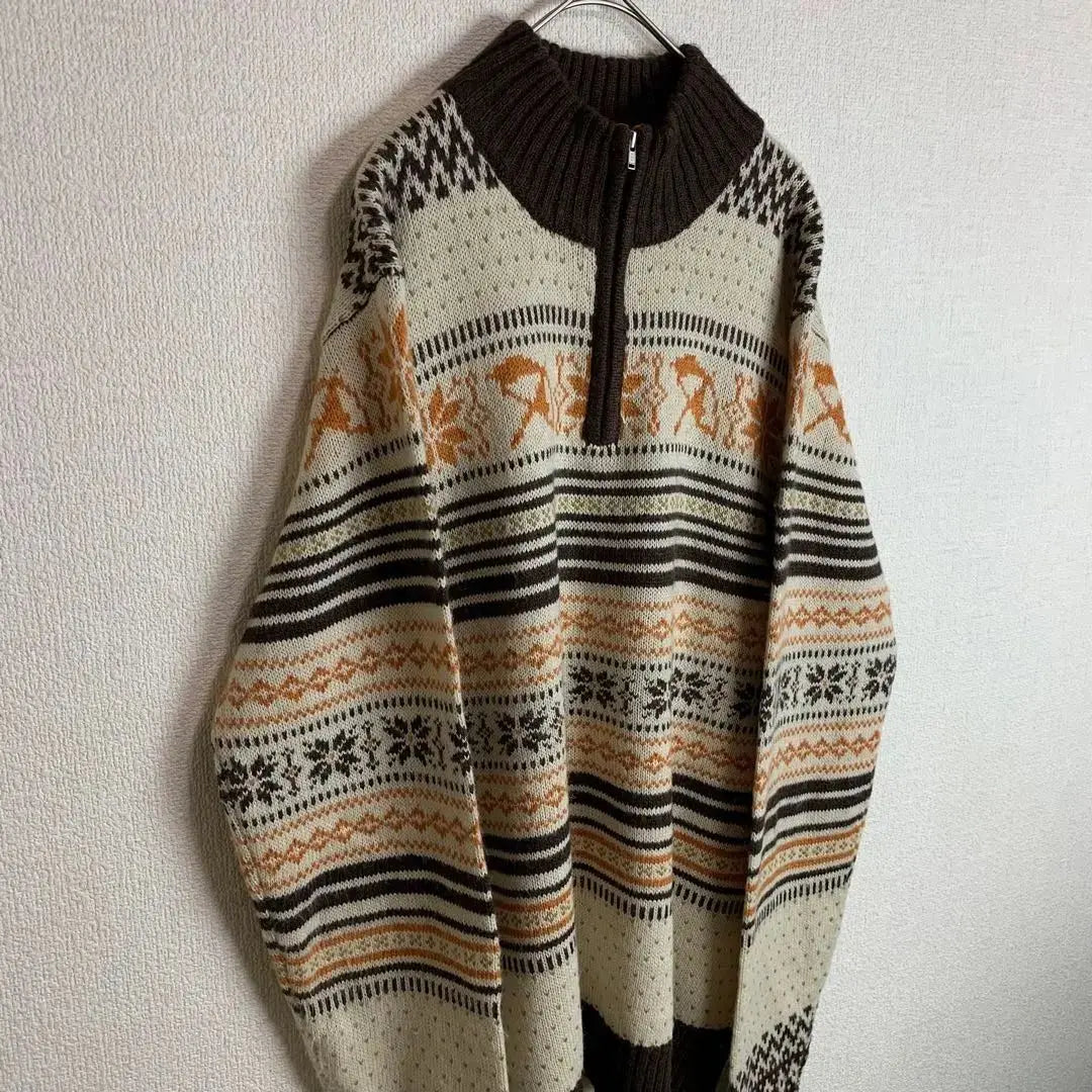 Nordic pattern, long sleeve knit, half zip, mohair blend, white, dark brown, orange, old clothes