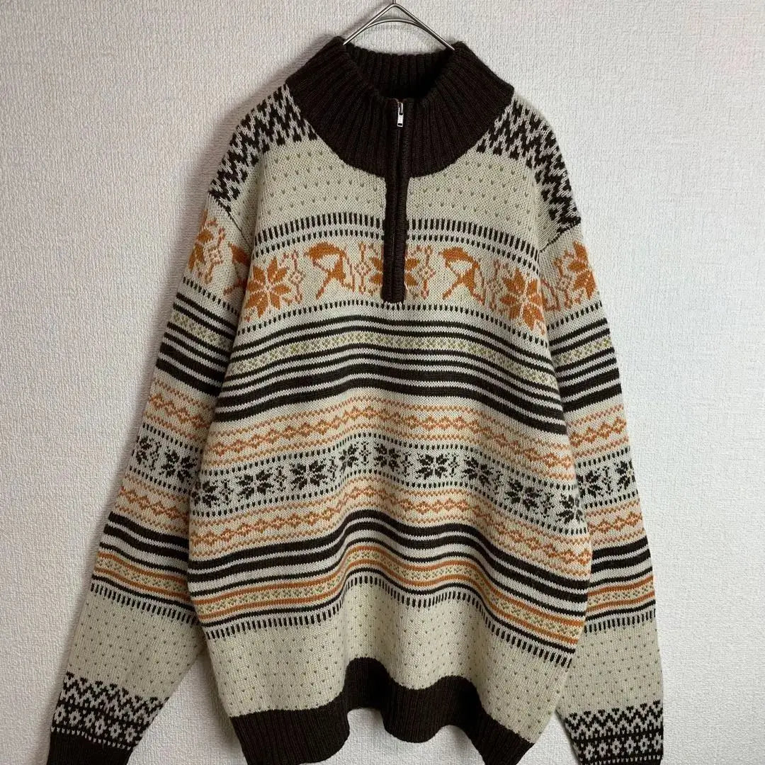 Nordic pattern, long sleeve knit, half zip, mohair blend, white, dark brown, orange, old clothes