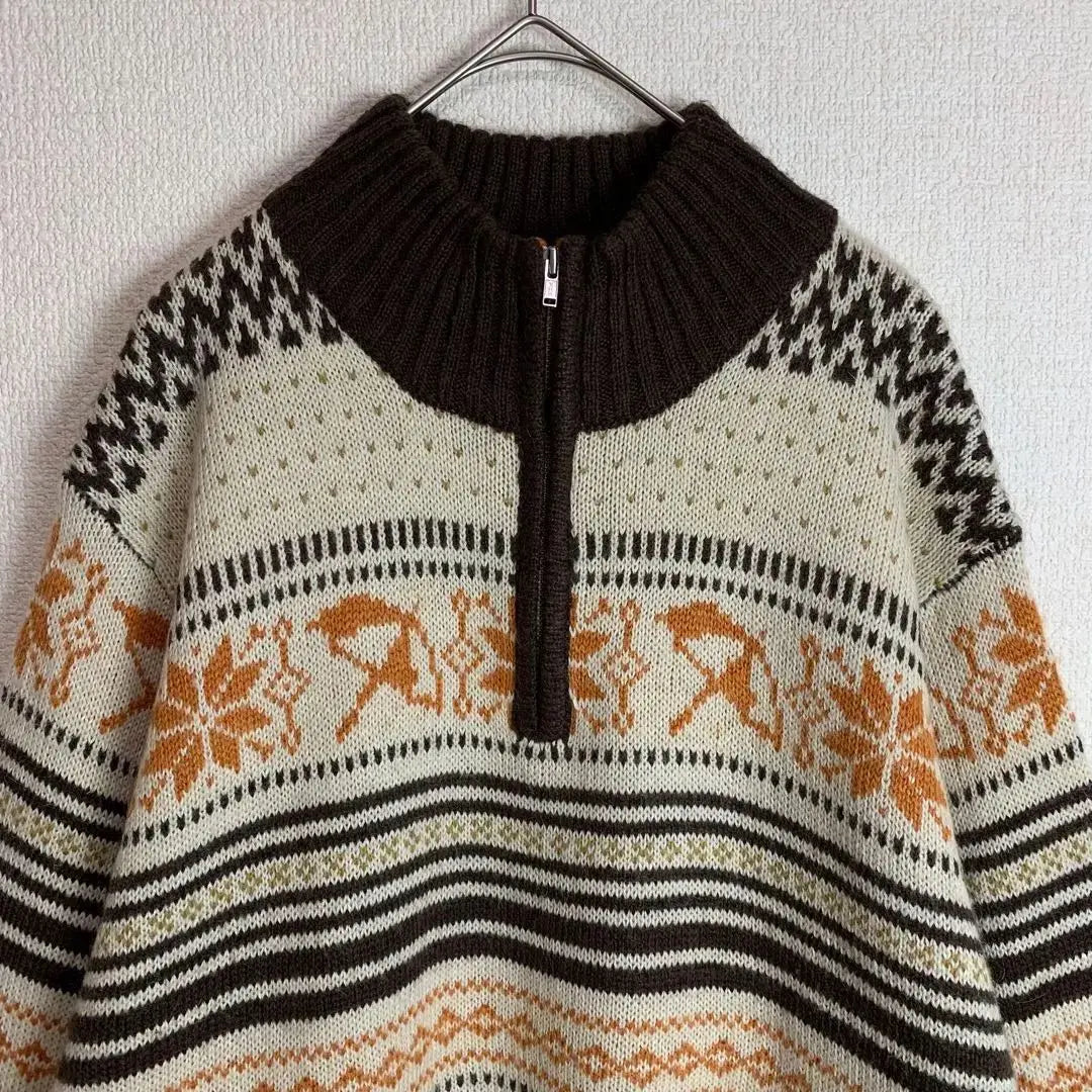 Nordic pattern, long sleeve knit, half zip, mohair blend, white, dark brown, orange, old clothes