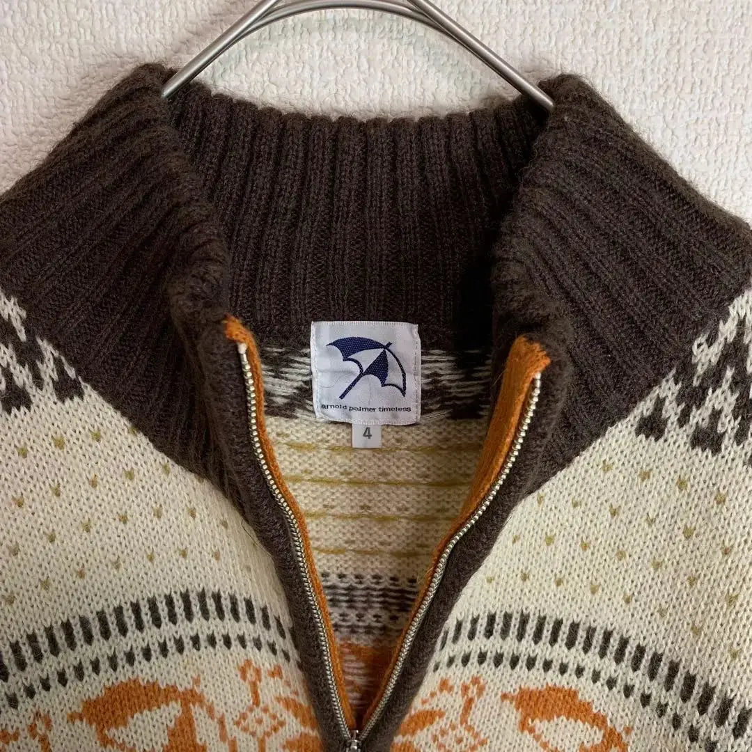 Nordic pattern, long sleeve knit, half zip, mohair blend, white, dark brown, orange, old clothes