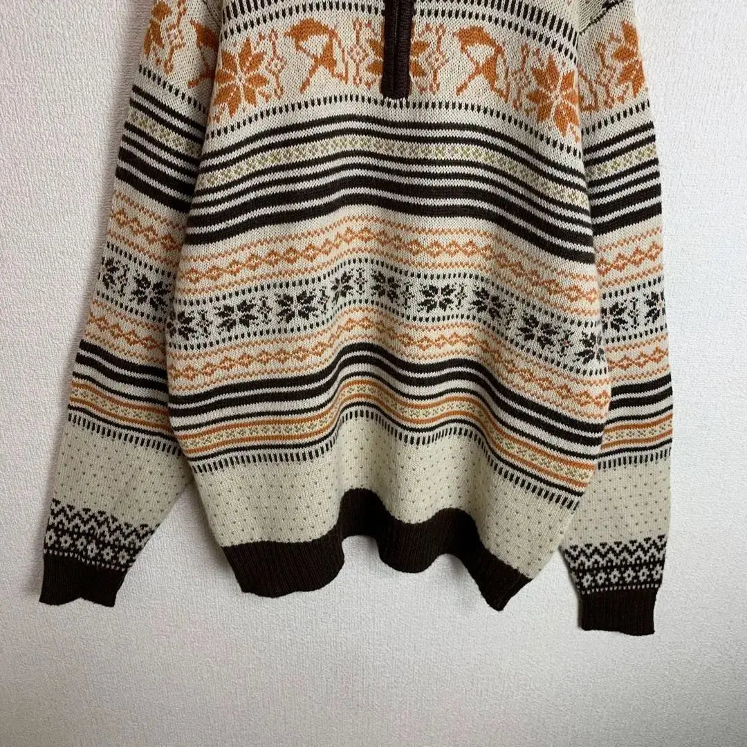 Nordic pattern, long sleeve knit, half zip, mohair blend, white, dark brown, orange, old clothes