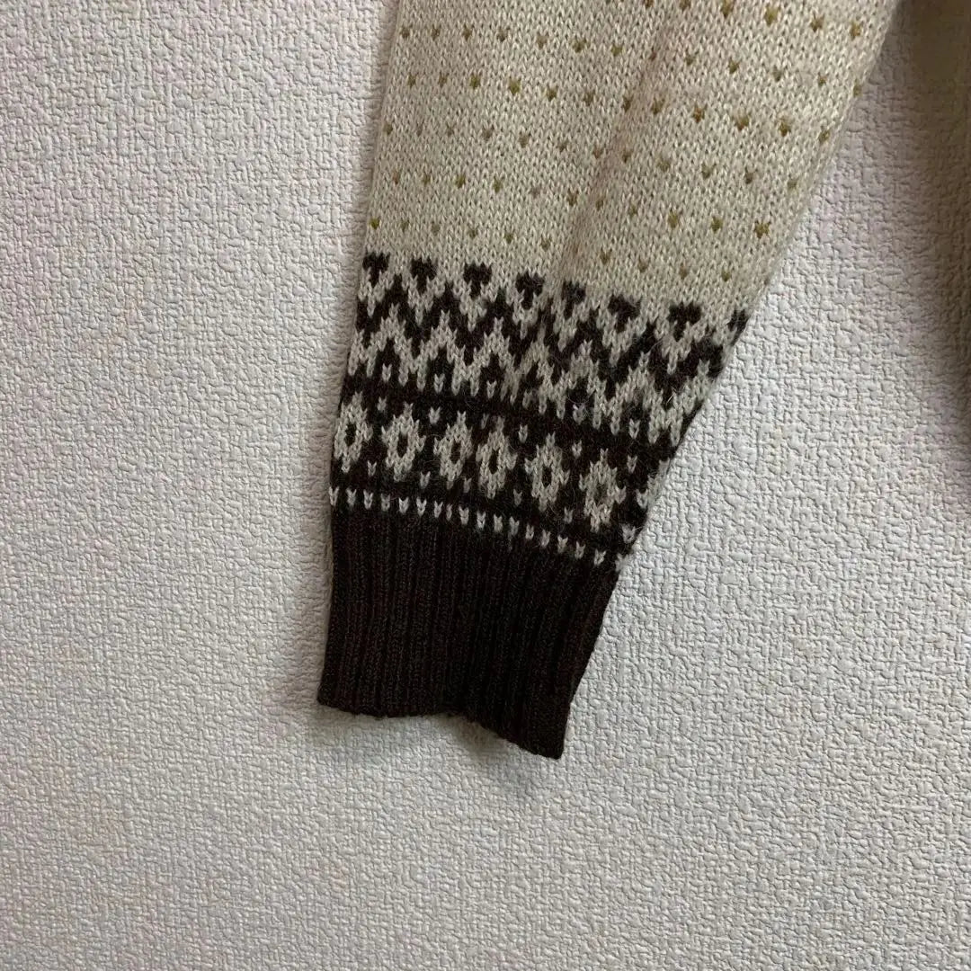 Nordic pattern, long sleeve knit, half zip, mohair blend, white, dark brown, orange, old clothes