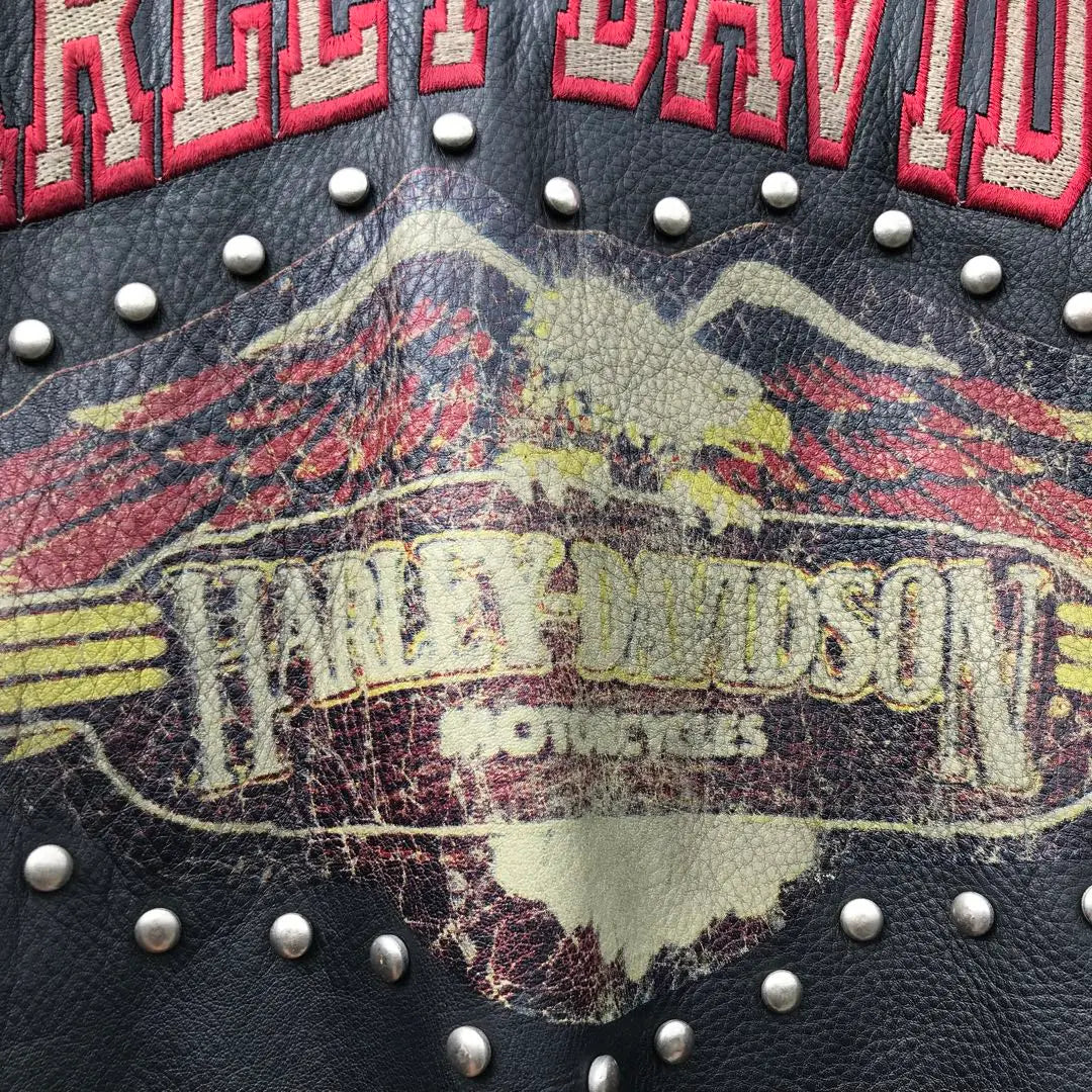 Harley Davidson Riders Negro L Tachuelas de cuero de vaca Bordado con el logotipo de Buck | ハーレーダビッドソン ライダース 黒 L 牛革 スタッズ バックロゴ 刺繍