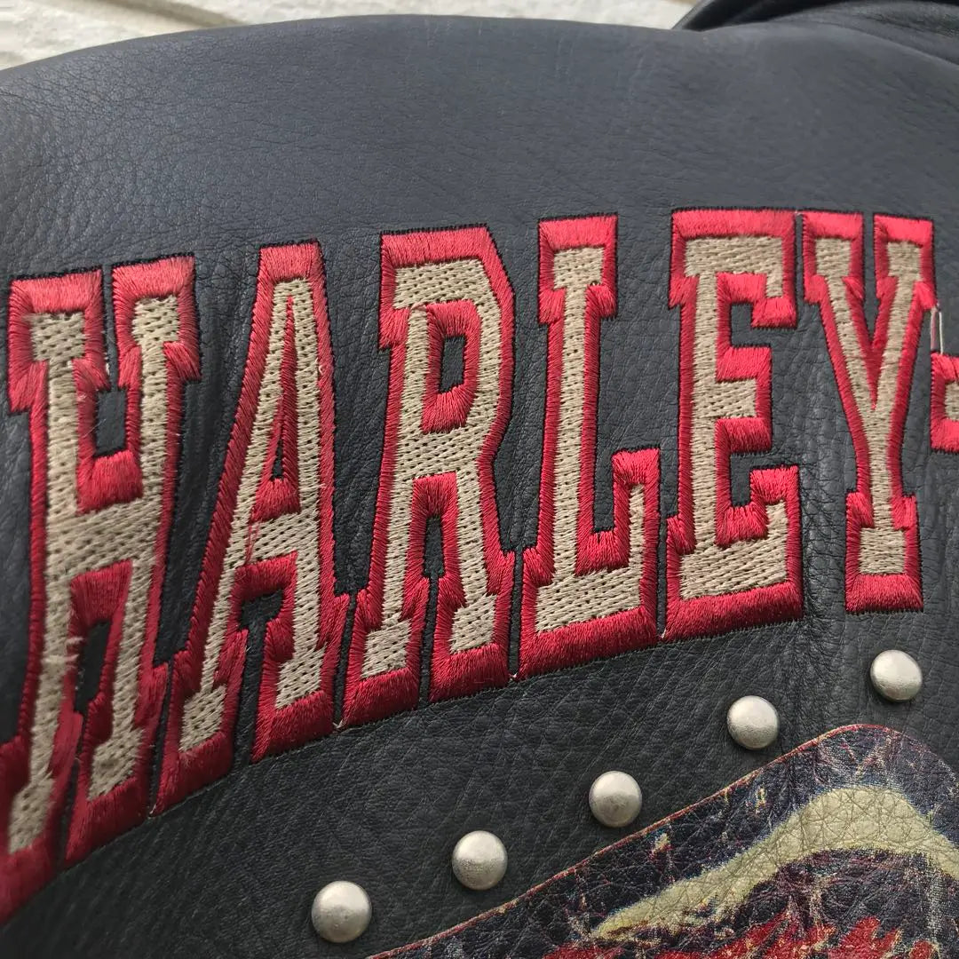 Harley Davidson Riders Negro L Tachuelas de cuero de vaca Bordado con el logotipo de Buck | ハーレーダビッドソン ライダース 黒 L 牛革 スタッズ バックロゴ 刺繍