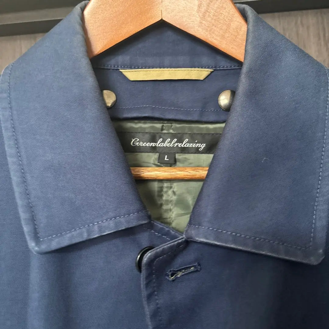 Green label relaxing navy collar coat L size