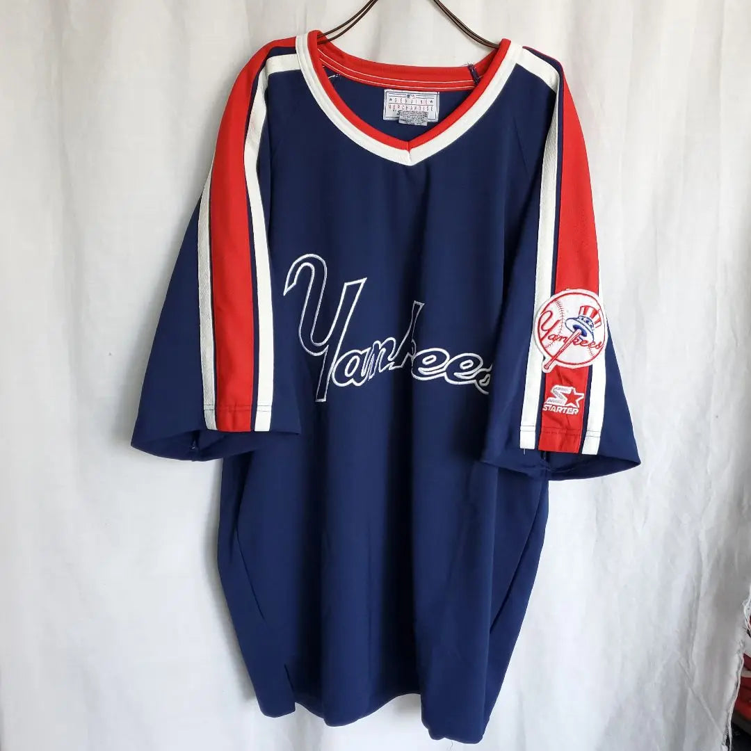 Starter 80S MLB New York Yankees bordado Camiseta de fútbol azul marino | スターター 80s MLB ニューヨーク ヤンキース 刺繍 紺 フットボール T