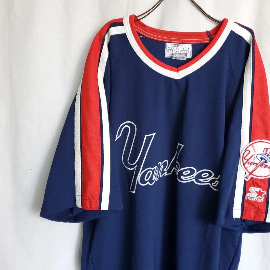 Starter 80S MLB New York Yankees bordado Camiseta de fútbol azul marino | スターター 80s MLB ニューヨーク ヤンキース 刺繍 紺 フットボール T