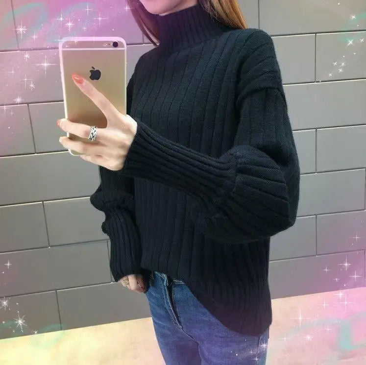 D54 Balloon Sleeve Sweater Women's Knit Cut and Sew Cable Knit Black★