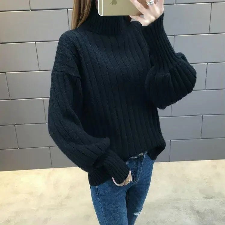 D54 Balloon Sleeve Sweater Women's Knit Cut and Sew Cable Knit Black★