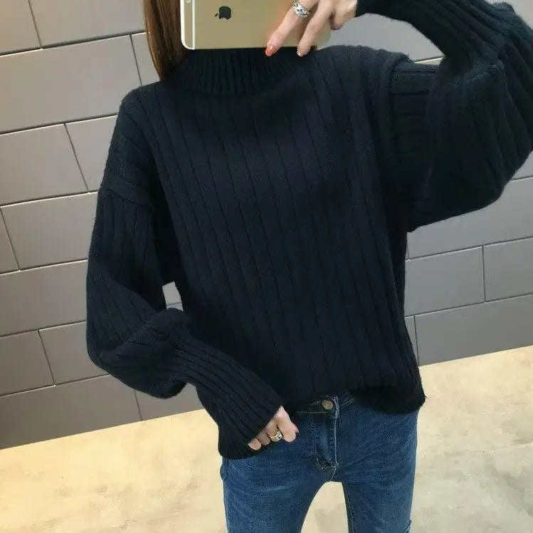 D54 Balloon Sleeve Sweater Women's Knit Cut and Sew Cable Knit Black★