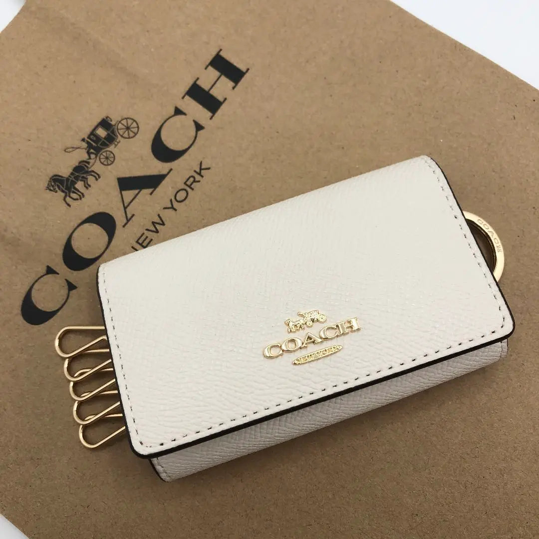 [COACH☆Nuevo]☆Estuche para llaves con cinco anillos☆Blanco☆Color muy popular☆