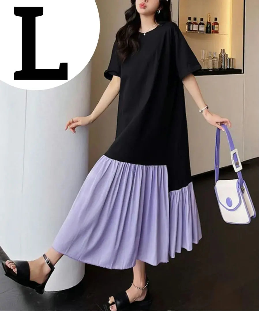 L Docking with T-shirt Women's Short Sleeve Long Dress Black & Purple Casual