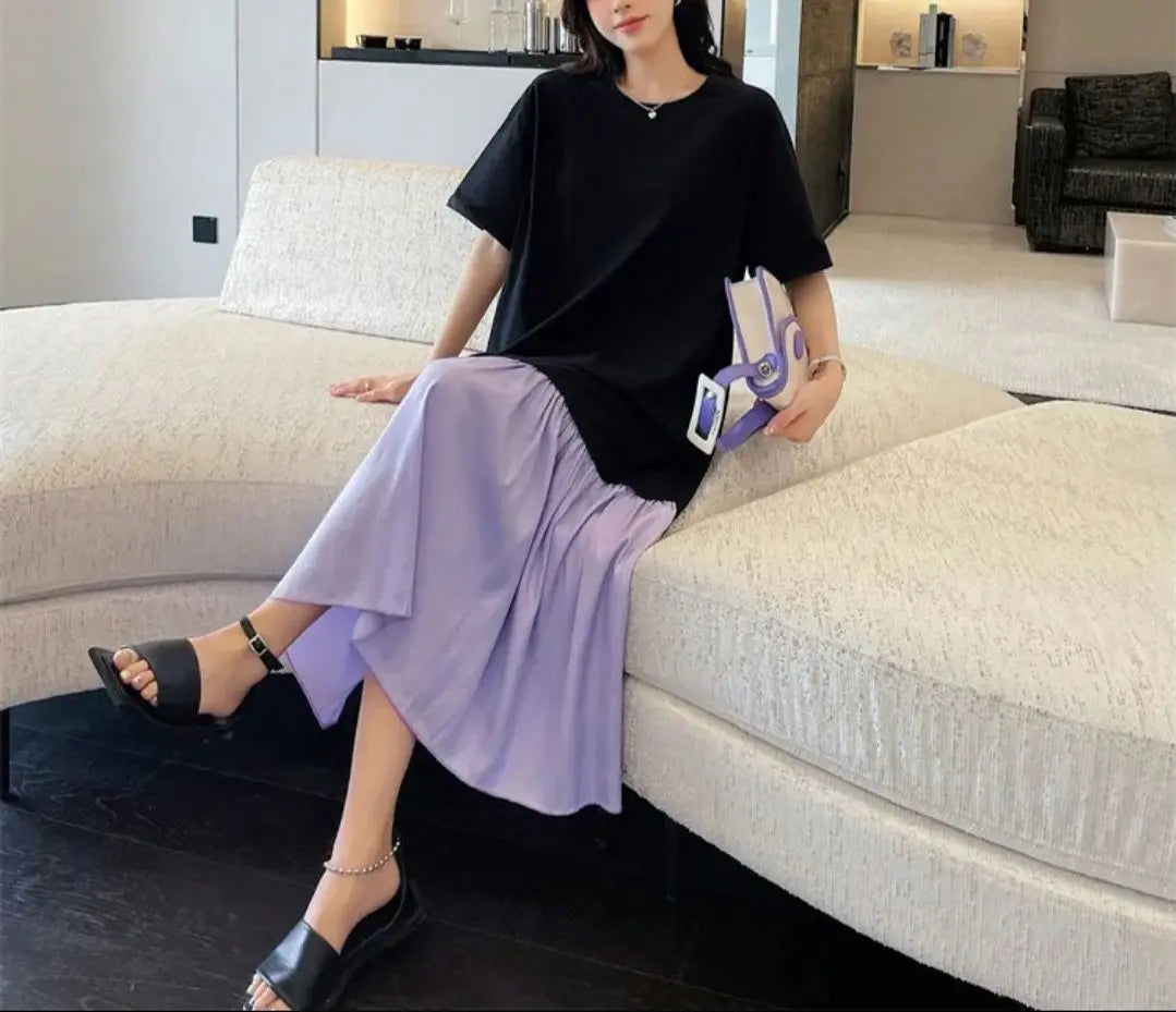 L Docking with T-shirt Women's Short Sleeve Long Dress Black & Purple Casual