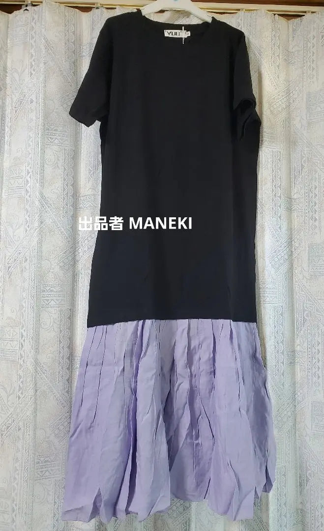 L Docking with T-shirt Women's Short Sleeve Long Dress Black & Purple Casual